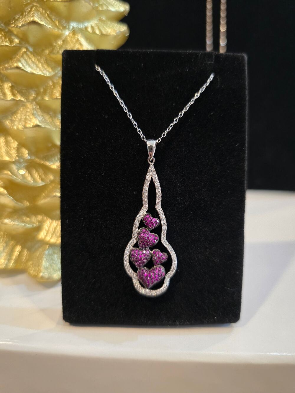 Fuschia Pink Cz Studed Multi Heart Pendant 925